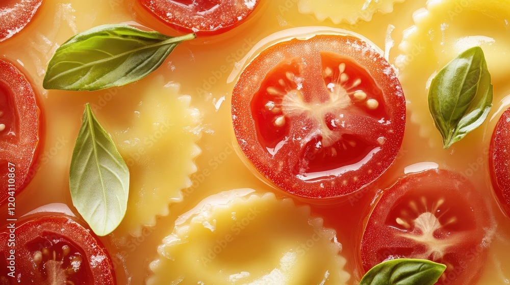 Aufkleber fresh ravioli with sliced tomatoes and basil leaves on a yellow sauce background with copy space for
