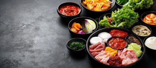 Assorted fresh ingredients for Korean barbecue with dipping sauces on a dark stone surface Copy Space