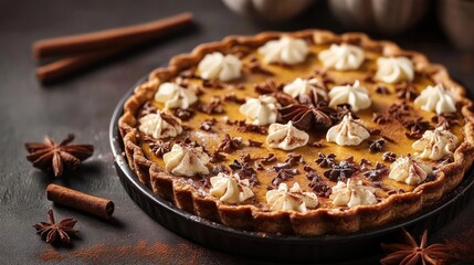 Pumpkin pie with cream topping and chocolate shavings garnished with star anise and cinnamon sticks on dark tabletop with Copy Space
