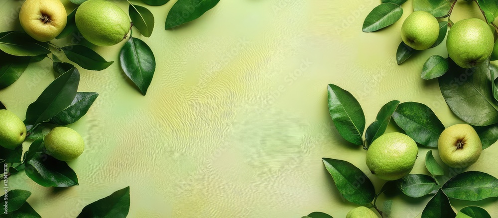 Poster green apples and leaves border on a soft green background with copy space for text placement.