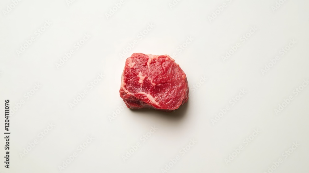 Poster raw piece of red meat on a white background with copy space for text placement.