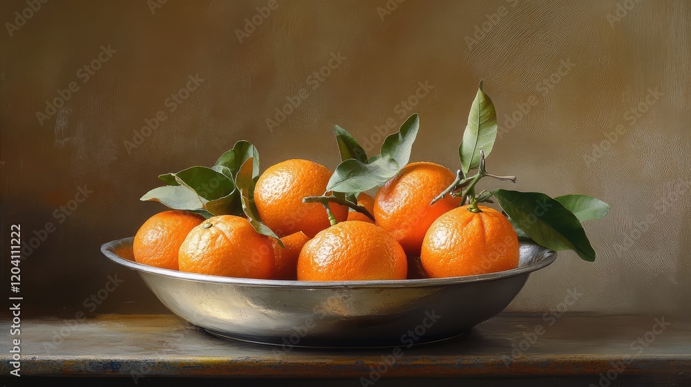 Poster fresh oranges with leaves displayed in a silver bowl on a wooden table with a neutral background and