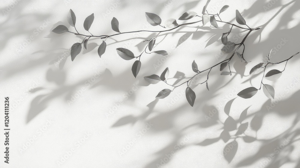 Aufkleber branch with leaves casting shadows on a light background with ample copy space for text placement