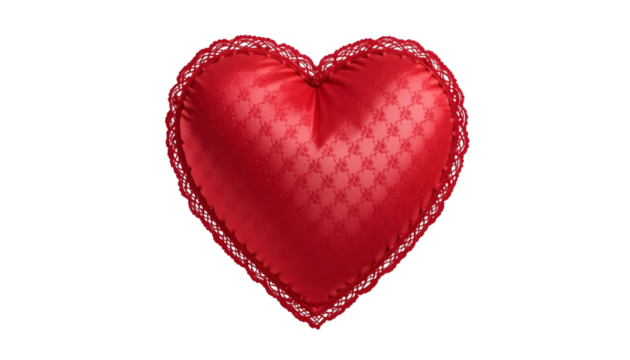 Red heart-shaped satin pillow with lace trim.