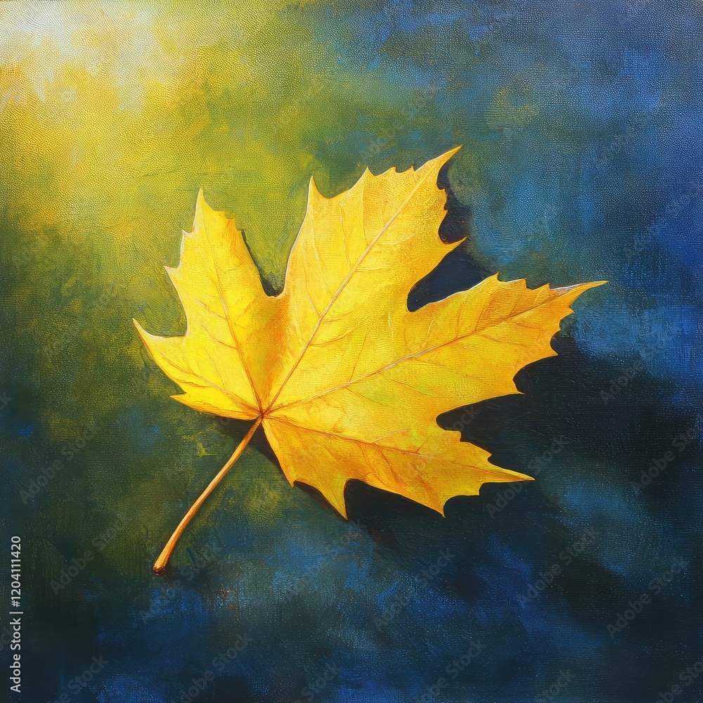 Aufkleber bright yellow maple leaf on a colorful blurred background with copy space for text placement