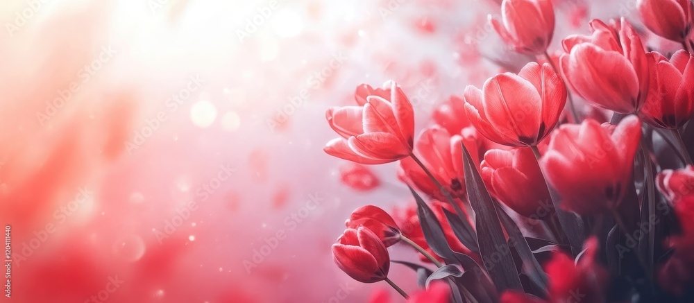 Poster vibrant close-up of red tulips with soft bokeh background and gentle light copy space