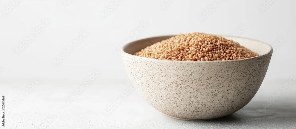 Poster bowl of whole grain quinoa on a light background with copy space for text or branding