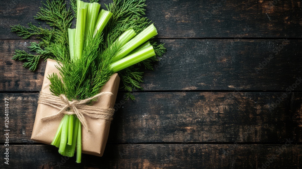 Poster fresh celery and dill herbs bundled in brown paper with string on a rustic wooden background with co
