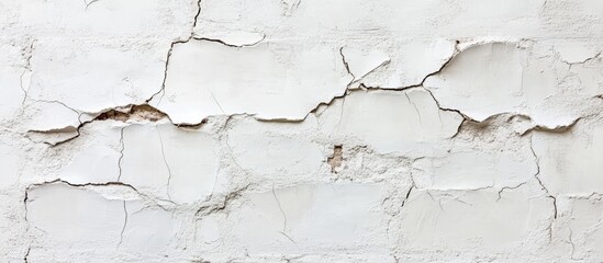 Obraz premium Cracked white wall texture with visible peeling paint and uneven surface, ideal for backgrounds with Copy Space.