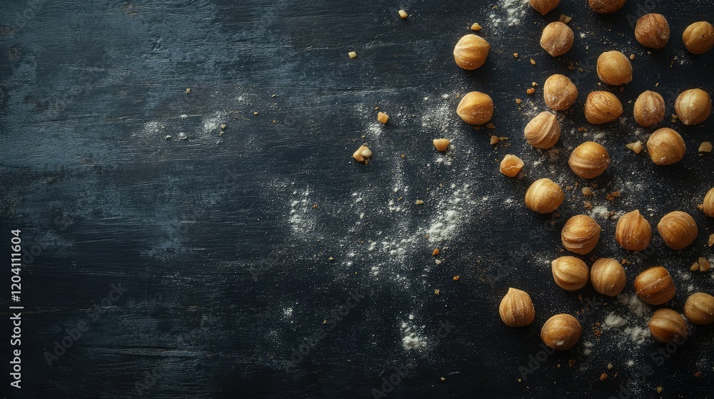 Poster hazelnuts scattered on a dark textured surface with flour dust, featuring ample copy space for text 