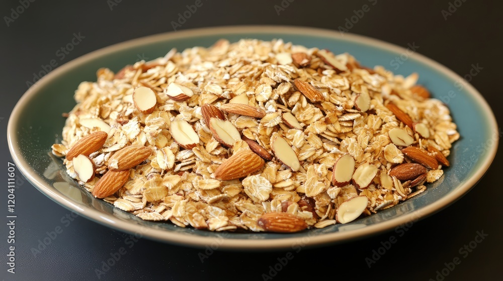 Poster plate of rolled oats and almonds isolated on a black background with copy space for text placement
