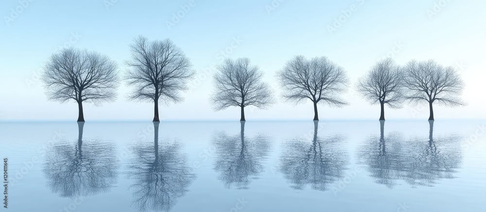 Poster six bare trees reflecting in calm water under a blue sky with copy space for text or graphics.