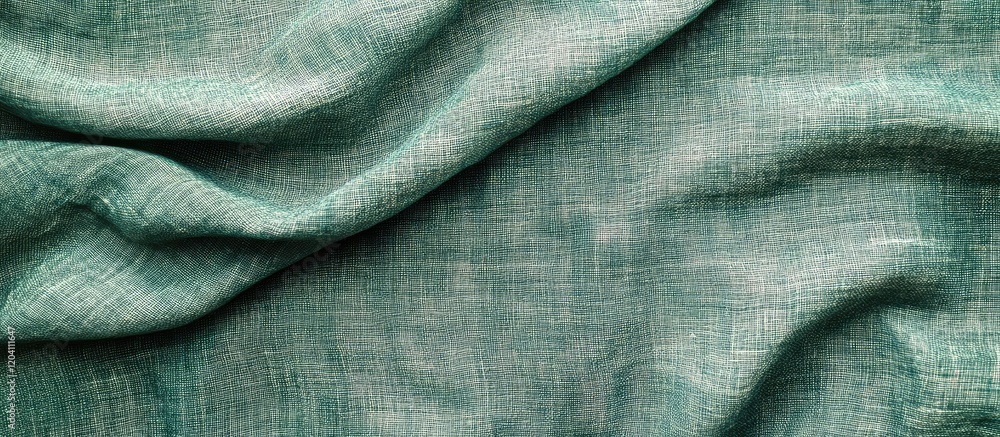 Poster textured green fabric with soft folds and wrinkles showcasing natural linen material ideal for backg