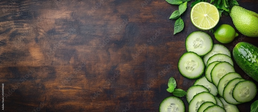 Poster freshly sliced cucumbers with limes and green pears arranged on a rustic wooden background with ampl