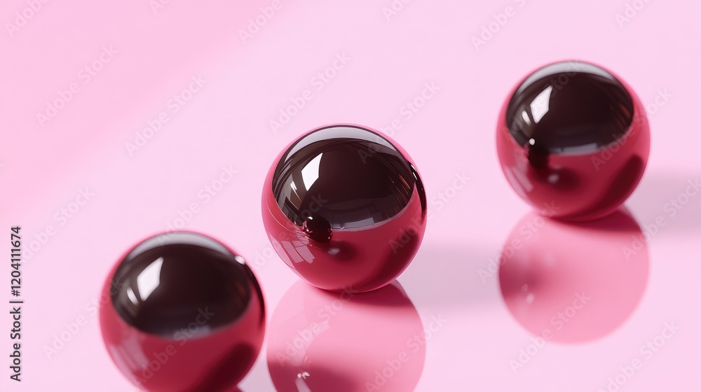 Poster three glossy maroon spheres arranged in a row on a reflective pink surface with copy space for text 