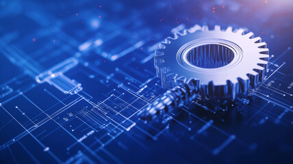 detailed mechanical gear on blueprint background, showcasing engineering design and precision. image conveys sense of innovation and technical expertise