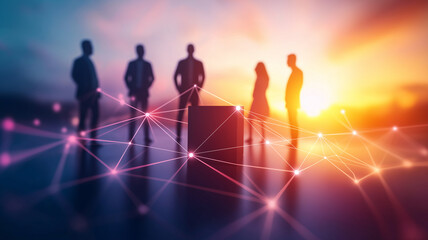 Business networking concept with silhouettes of people standing against sunset. image conveys collaboration and connection through network of lines and nodes