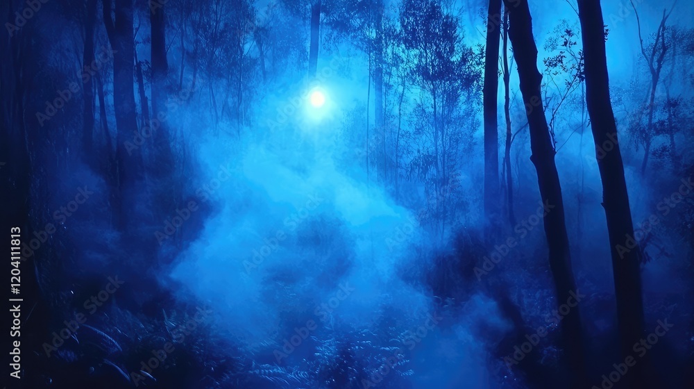 Poster mysterious blue fog in a dense forest with trees silhouettes and soft light illuminating the scene c