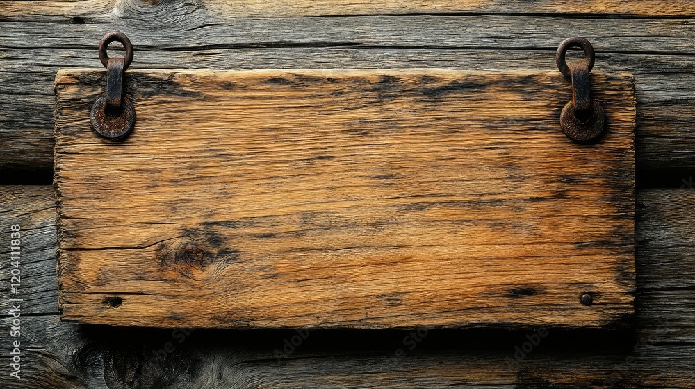 Aufkleber rustic wooden signboard with metal hooks on weathered wood background and ample copy space for text 