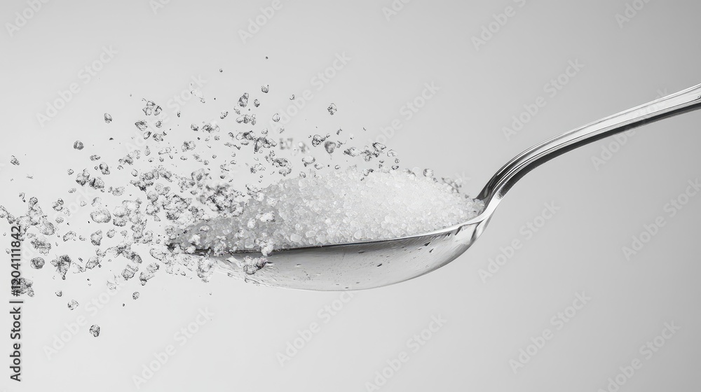 Poster spoonful of sugar with granules splashing against a light gradient background with copy space for te