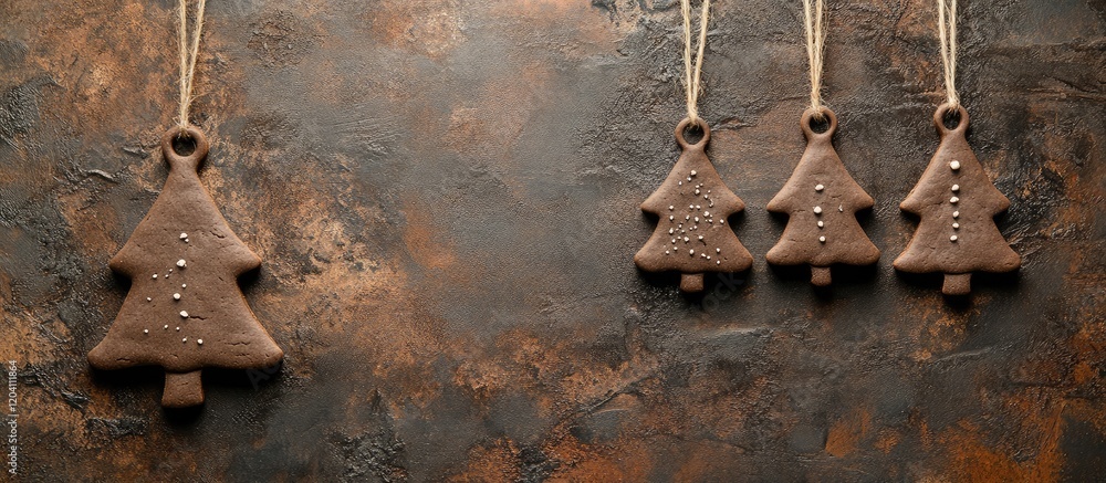 Aufkleber gingerbread christmas tree ornaments with decorative icing against a rustic background with copy spa