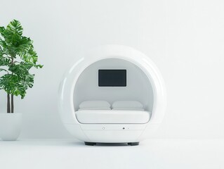 Highend sleep capsule with integrated entertainment system, modern tech aesthetic