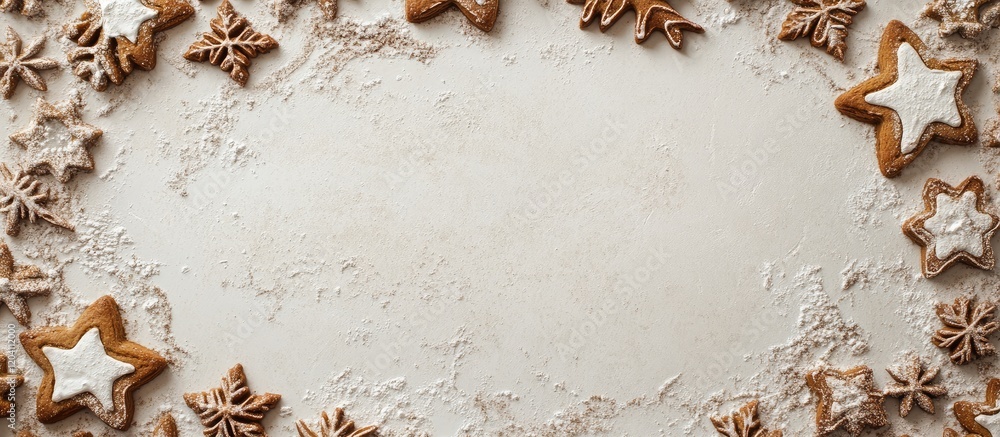 Poster christmas cookies with star and snowflake shapes arranged around a light background with flour and c