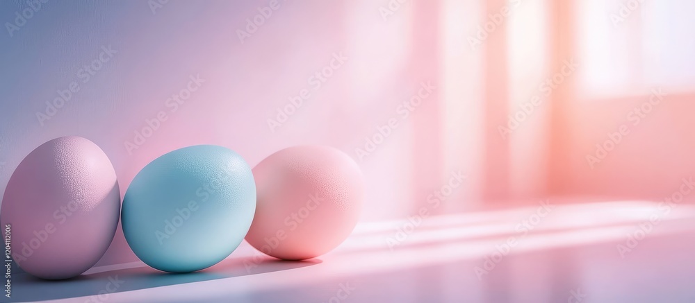 Poster pastel colored eggs arranged in a line with soft natural light creating a warm atmosphere and ample 