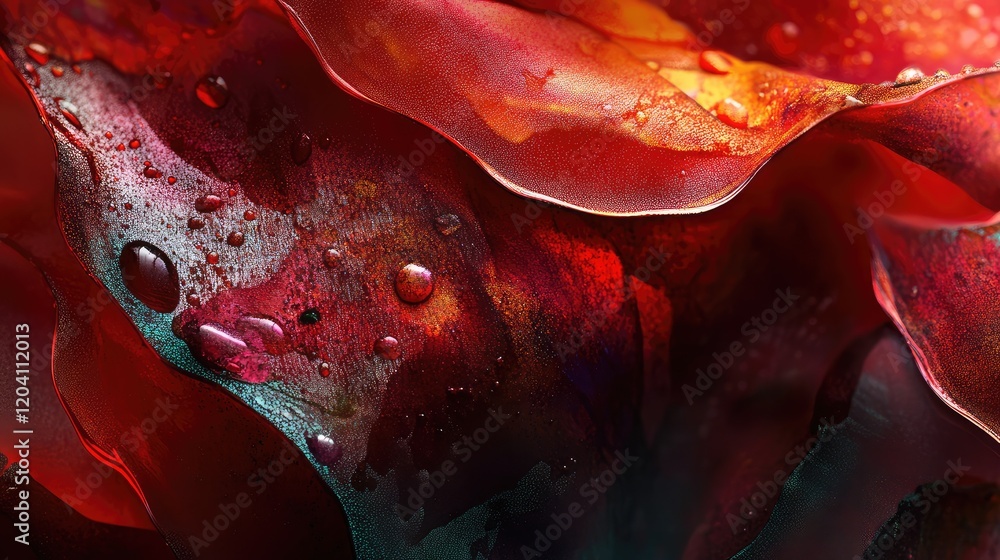 Poster colorful abstract texture with flowing layers and water droplets on a vibrant background suitable fo