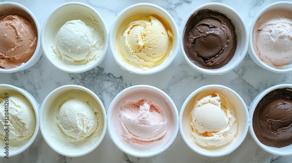 Aufkleber ice cream scoops in white bowls arranged in a row on marble surface with copy space for text.