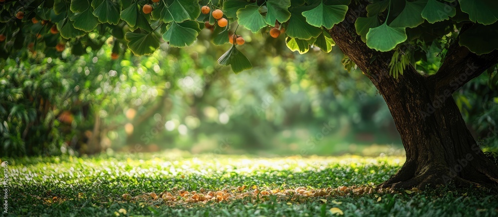 Poster lush green garden with sunlight filtering through trees and soft grass in foreground featuring ample