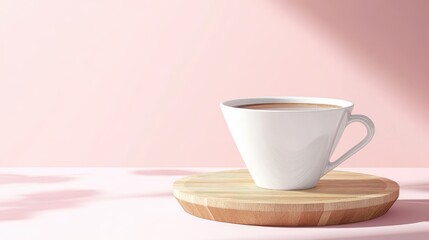 White coffee cup on wooden round coaster with pink background and soft shadows Copy Space