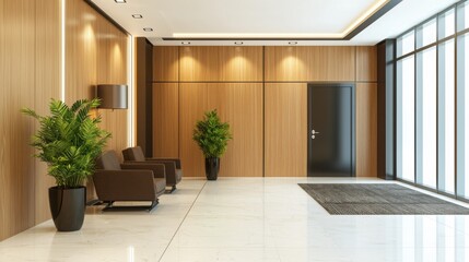 Fototapeta premium A modern lobby featuring wooden walls, potted plants, and a sleek design with comfortable seating.