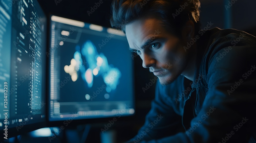 Poster analyzing data trends technology lab digital analysis dark environment close-up cybersecurity insigh