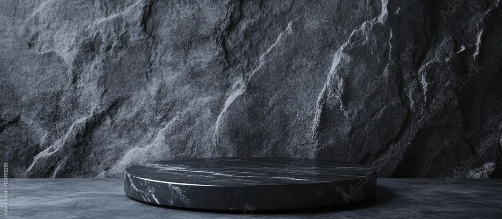 Poster dark marble pedestal with textured gray rock background and ample copy space for product display or 