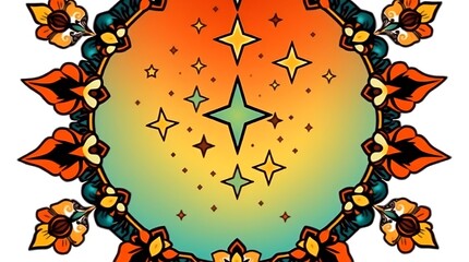 Circular mandala with stars and floral design.