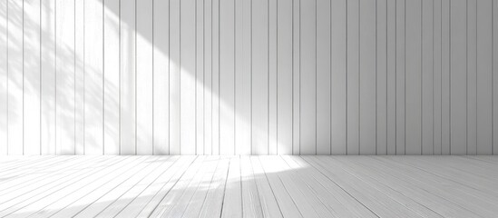 Interior of a minimalist room with wooden flooring and vertical white wooden paneling featuring natural light and Copy Space