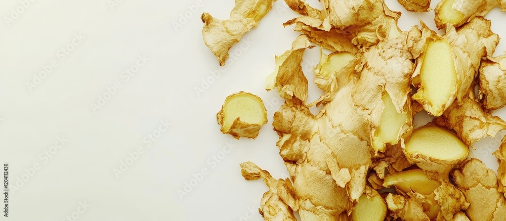 Poster fresh ginger root slices with light background and copy space for text placement.