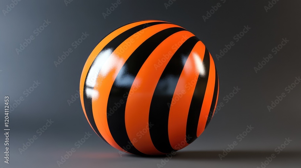 Poster shiny orange and black striped spherical object with a smooth surface on a gradient background with 