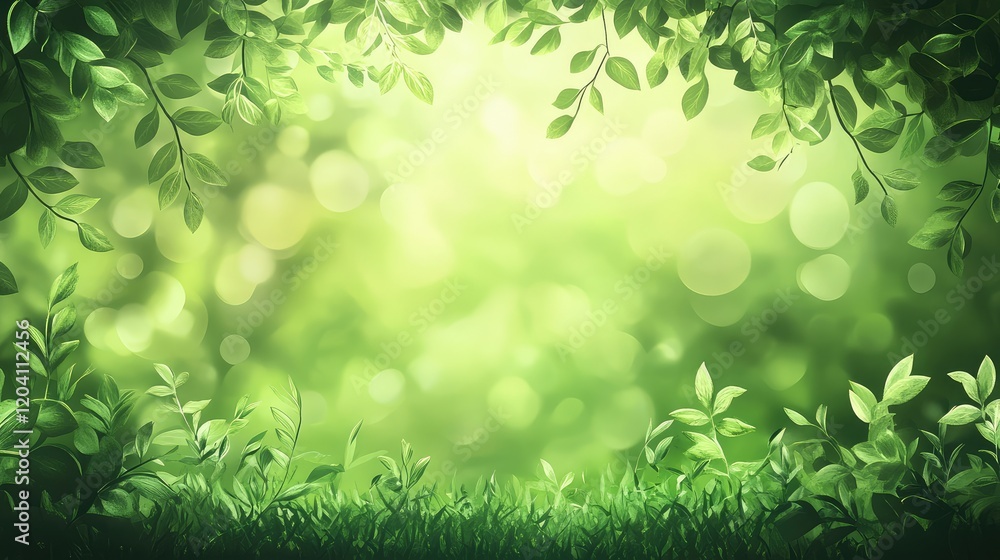 Poster lush green foliage background with soft bokeh effect and copy space for text placement