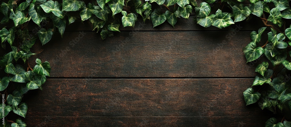 Poster green ivy leaves border on dark wooden background with ample copy space for text or design elements.