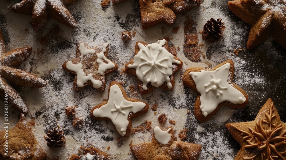 Poster gingerbread cookies with icing in various star shapes dusted with powdered sugar and pine cones on a