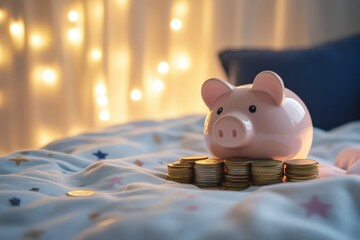 Charming Piggy Bank Surrounded by Piles of Coins on a Bed with Soft Lighting and Cozy Atmosphere Perfect for Financial Savings and Budgeting Themes