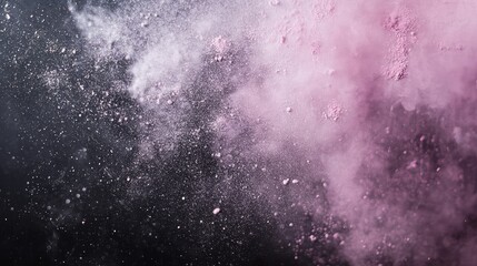 Obraz premium Pink powder explosion on dark background with fine particles and dust. Copy Space available for text placement.