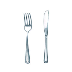 Set of cutlery - fork and knife in watercolor illustration. Isolated image on the theme of breakfast for the design of cookbooks, magazines, menus, restaurant and cafes decoration.