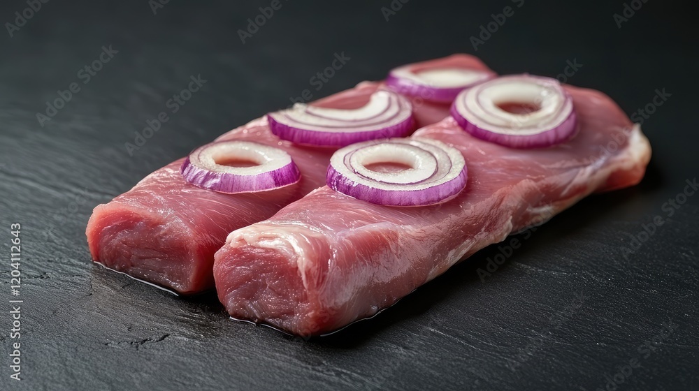 Poster raw pork tenderloin slices topped with red onion rings on a dark textured background with copy space