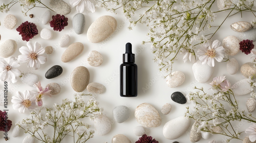 Poster black dropper bottle surrounded by pebbles and flowers on a light background with copy space.