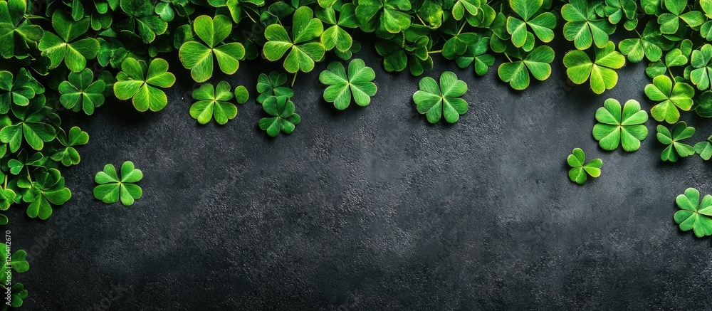 Poster green clover leaves border on dark texture background with copy space for text