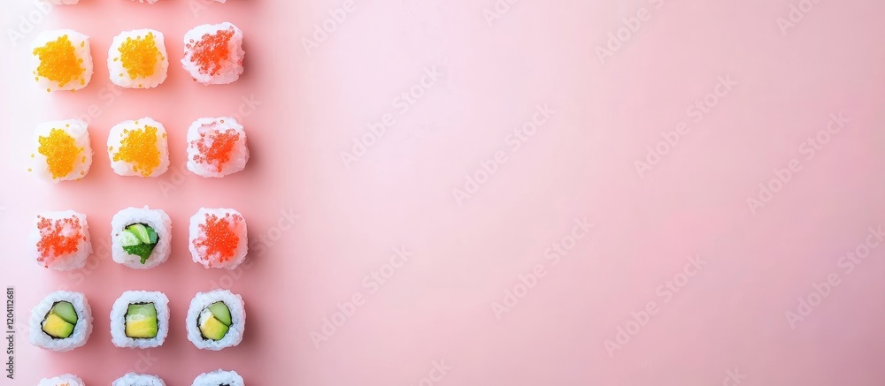 Poster colorful assorted sushi rolls on a pink background with copy space for text or design elements. fres