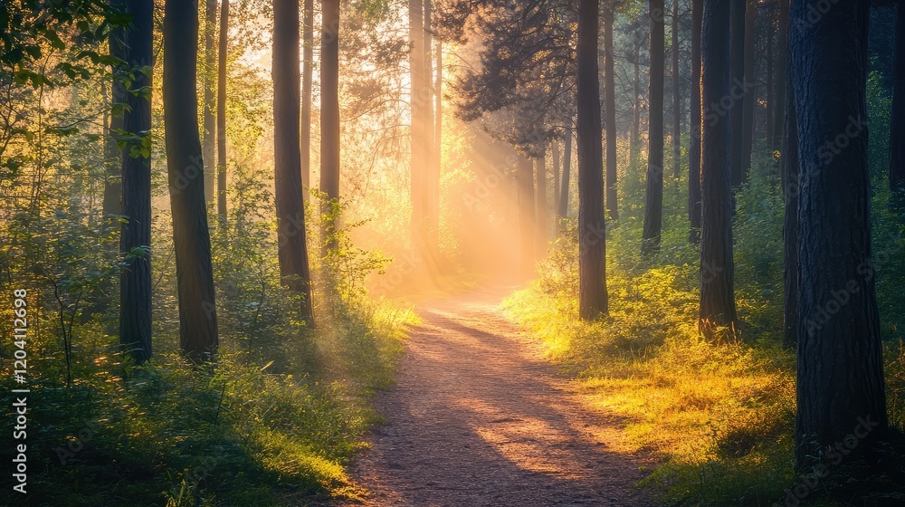 Poster sunlit forest path with tall trees and golden light rays illuminating a tranquil woodland scene with